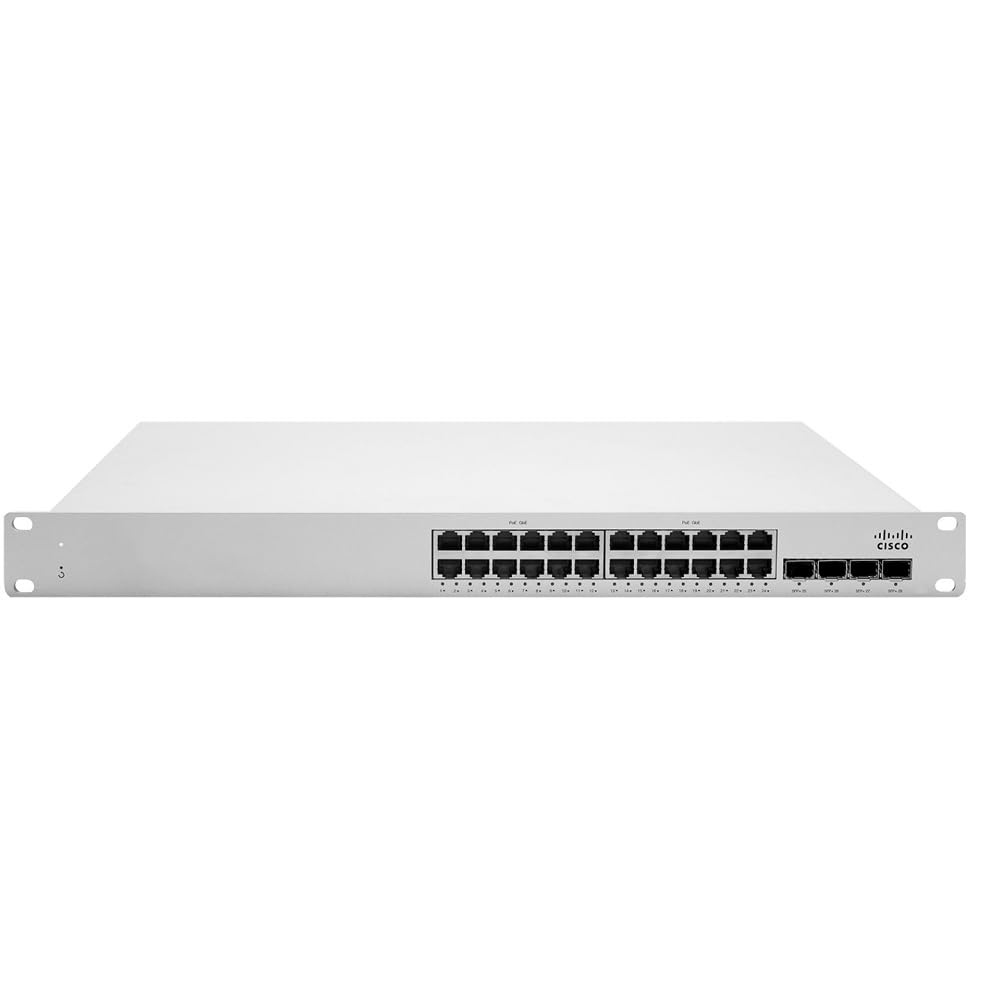 CISCO DESIGNED Meraki Cloud Managed MS225-24P Series 24 Port Gigabit Switch - 24x 1GbE Ports, 4 x SFP 10GbE Uplink Interfaces, 370W PoE