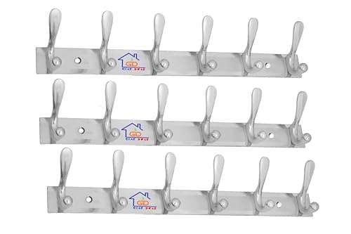 GHAR DWAR Classic 8 pin Wall Hook Wall Hanger Cloth Hanger Wall Stand Wall khunti Key Holder Stainless Steel Types 8 Hooks (Pack of 3, 6 Pin Silver) 1