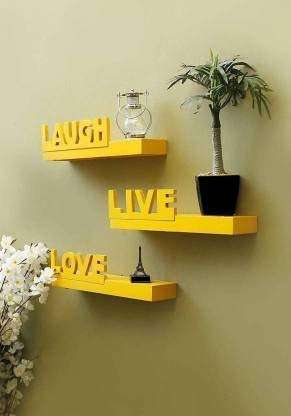 Trustshoppee Beautiful Floating Wall Mount Live Love Laugh Wall Shelves Wooden Rack (Yellow),Size :- 40 x 10 x 10 cm(TS15) 1
