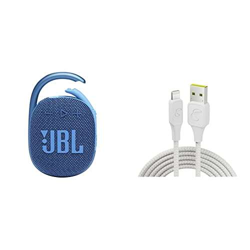 JBL Clip 4 Eco - Ultra-Portable Waterproof Speaker (Blue) and InfinityLab InstantConnect USB-A to Lightning -Charging Cable for iPhone and iPad - White