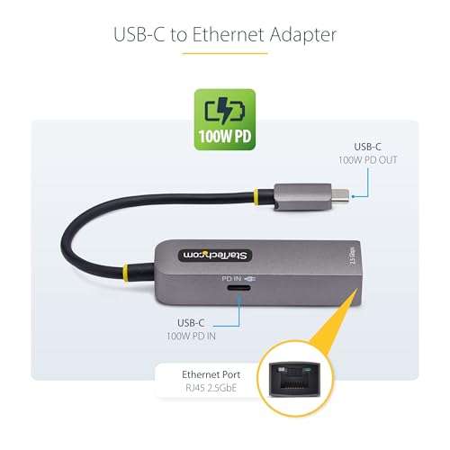 StarTech.com 2.5GbE USB-C to Ethernet Adapter, 100W PD Pass-Through, NBASE-T NIC, USB 3.0 Type-C 2.5G Multi Speed Network 2