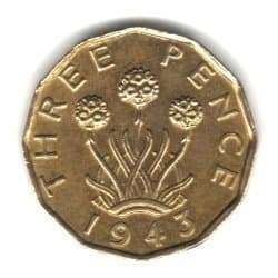 1943 Great Britain U.K. England Three Pence Coin KM#849 1