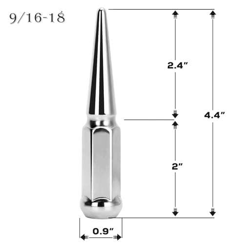 DYNOFIT 9/16-18 Wheel Spike Lug Nuts, 32x Chrome 9/16 inchx18 Lug Nut with 1 Socket Key, DYNOFIT 4.4'' Tall Closed End Lug Nuts for 1994-2011 Dodge Ram 1500 2500 3500/1988-1998 F250 F350 2