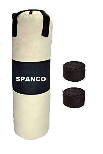 Spanco White and Black Color, Unfilled (Empty), 3.5 Feet Long, Synthetic Leather Material Punching Bag/Boxing Bag/Kickboxing Bag/Takewondo Bag/Fitness Bag/Professional Training Bag with Hanging Straps
