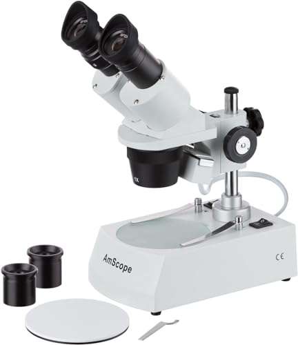 AmScope SE305R-PX Forward-Mounted Binocular Stereo Microscope, WF5x and WF10x Eyepieces, 5X/10X/15X/30X Magnification, 1X and 3X Objectives, Upper and Lower Halogen Lighting, Reversible Black/White Stage Plate, Pillar Stand, 120V 1