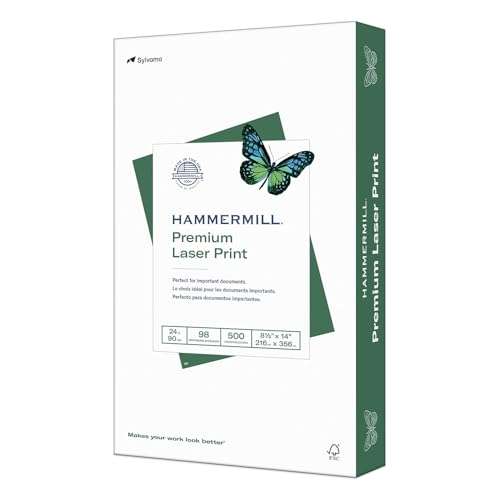 Hammermill Printer Paper, Premium Laser Print 24 lb, 8.5 x 14-1 Ream (500 Sheets) - 98 Bright, Made in the USA, 104612 1