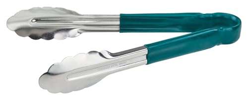 Winco 9" Stainless Steel Serving Tongs with Plastic Handle, Green