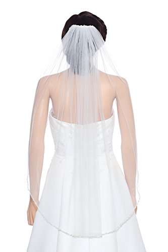 1T 1 Tier Crystals Pearls Beaded Wedding Veil (Elbow Length 30" White) 2