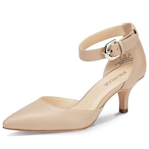 JENN ARDOR Women's Kitten Heel Pumps Ladies Closed Pointed Toe D'Orsay Ankle Strap Dress Stiletto, Natural, 7 (9.4in)
