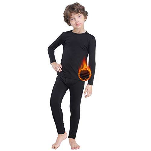 MANCYFIT Thermal Underwear for Boys Fleece Lined Long Johns Set Kids Base Layer Ultra Soft Black X-Large