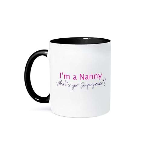 3dRose "I'M A Nanny What'S Your Superpower - Hot Pink - Funny Gift For Grandma" Mug, 11 oz, Black/Pink