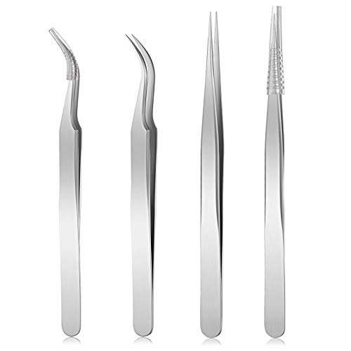 4 Pieces Eyelash Extension Tweezers Stainless Steel Straight and Curved Tip Volume Lash Tweezers Set for Eyelash Extension False Lash Application Tools (Silver)