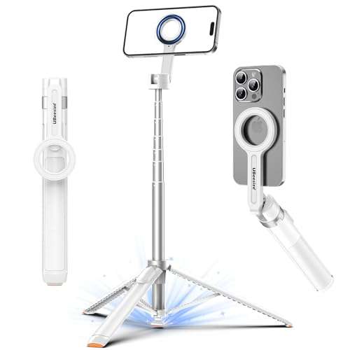 UBeesize 70" Auto-Open Magnetic Tripod for iPhone, MagSafe Selfie Stick with Remote, Portable Phone Stand for Recording, Travel and Vlogging, Compatible with iPhone/Android (White)