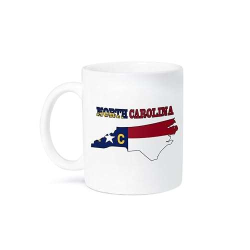 3dRose mug_58753_1 "North Carolina state flag in the outline map and letters for North Carolina" Ceramic Mug, 11 oz, Multicolor 1