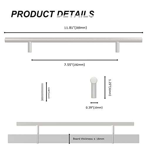 BUHO1991 10Pcs 192mm Kitchen Handles with Screws Stainless Steel T Bar Cabinet Cupboard Handle Pull Handle Door Handle Set for Kitchen Drawer Bedroom Furniture (10, Hole Centers 192mm) 2