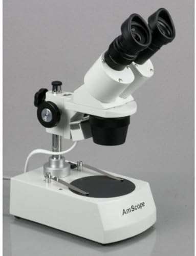 AmScope SE305R-PZ Forward Binocular Stereo Microscope, WF10x and WF20x Eyepieces, 10X-60X Magnification, 1X and 3X Objectives, Upper and Lower Halogen Light Source, Pillar Stand, 120V , White 3