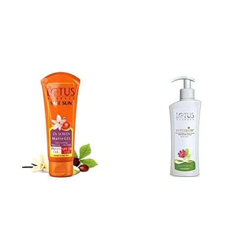 Lotus Herbals Safe Sun UV Screen Matte Gel, SPF 50, 100g & White Glow Skin Whitening & Brightening SPF-25 Hand & Body Lotion, 300ml 1