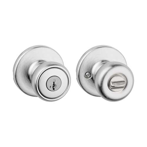 Kwikset Tylo Entry Door Knob with Lock and Key, Secure Keyed Handle Exterior Doorknob, Front Entrance and Bedroom, Satin Chrome, Pick Resistant SmartKey Rekey Security 1