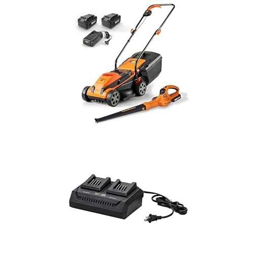 Bundle of LawnMaster 24VMWBL 24V Max 13-inch Cordless Lawn Mower and Cordless Leaf Blower Combo with 2x4.0Ah Batteries and Charger + Dual Channel Battery Charger 24LFC15-ETL Suit for 24V / 48V 1