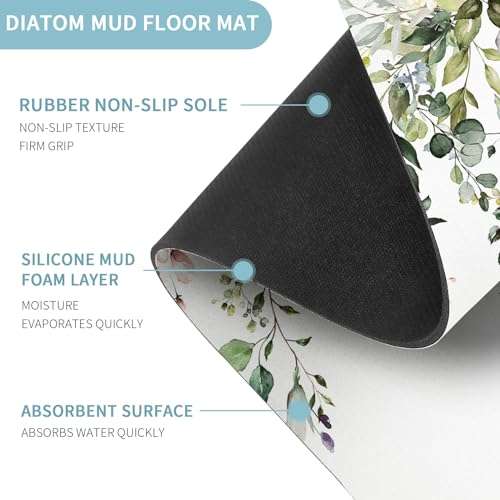 Gibelle Eucalyptus Leaves Bath Mat Rug Super Absorbent Quick Dry Thin Bathroom Rugs Fit Under Door Non Slip Rubber Backed Bathroom Floor Mat for in Front of Bathtub Sink Shower (20"x32", Sage Green) 3