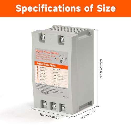 YMYP Single Phase to 3 Phase Converter - 5HP 15A 220V, Digital Phase Shifter for Residential and Light Commercial Use, 220V-240V Input/Output (One Converter for One Motor Only) 4