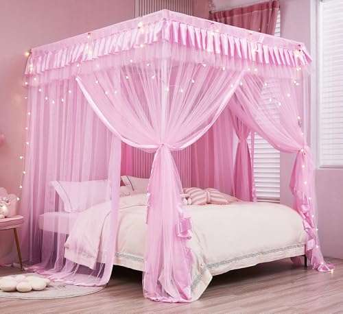 Mengersi Bed Canopy for Girls,Canopy Bed Curtains Canopy for Bed Drapes,Princess Bed Curtains Birthday Present Girls Room Decor,Pink 1