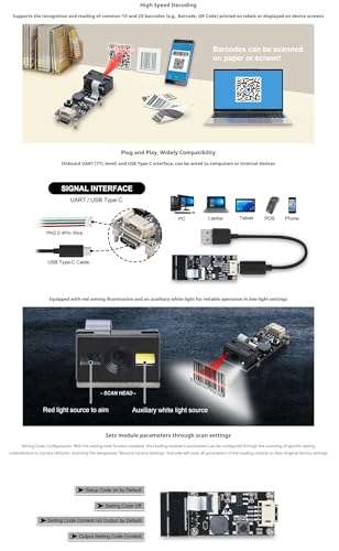 Embedded 1D 2D Barcode Scanner Module, QR Code Reader with USB Type-C & TTL UART Interface, Fast Decoding on Screen & Paper, for Arduino Raspberry Pi POS Kiosk ATM Integration 6