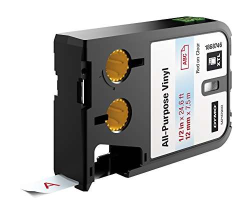 DYMO 1868746 All-Purpose Vinyl, 12mm, Red on Clear