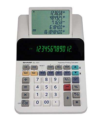Sharp El-1501 Compact Cordless Paperless Large 12-Digit Display Desktop Printing Calculator That Utilizes Printing Calculator Logic 1