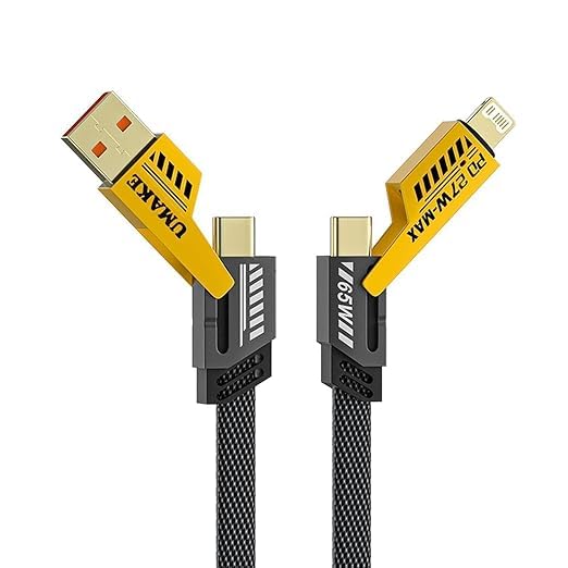 AlakhDM 4-In-1 Multifunctional 65W Fast Charging Cable With Metal Zinc Alloy Head, Tangle Free Flat Cable, USB A, Type C to C/Lighteni-ng, Fast Data SynC, Compatible with All SmartPhone