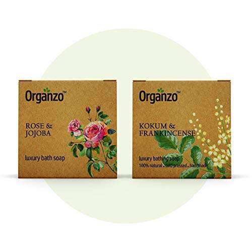 Organzo Organic Natural Hand Made Luxury Bathing Soap with Rose & Jojoba, Kokum Butter & Frankincense Chemical Free, Cold pressed Paraben Free SLS Free 100gm (Pack of 2) 1