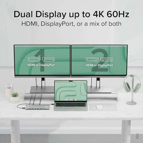 Plugable USB C Laptop Docking Station, Dual Monitor 4K 60Hz for Apple Mac M1/M2/M3/M4, 2X HDMI or 2X DisplayPort, 100W Charging DisplayLink Dock, 2 Displays for MacBook, Driver Required (UD-6950PDH) 4
