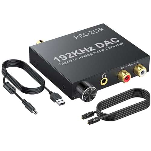 PROZOR 192KHz Digital to Analog Audio Converter Optical to RCA Adapter Upgrade Volume Adjustable DAC with Optical Cable, SPDIF TOSLINK to Stereo L/R & 3.5mm Jack Converters 1