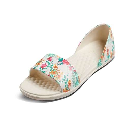 Joybees Women's Friday Flat - Ballet Flats for Women, Cute & Casual Dress Shoe, Comfortable Rubber Foam Sandals for Work, Walking, Gardening, Waterproof, Non Slip - Tropical Palm/Bone, Women's Size 10