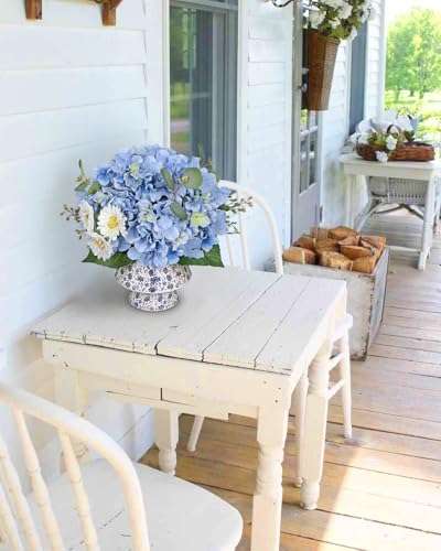 Fake Flowers Artificial Hydrangea Flowers in Rustic Galvanized Metal Pot Shabby Chic Rose Flower Arrangement Faux Flower Bouquet for Farmhouse Table Centerpiece Windowsill Indoor Decoration 2