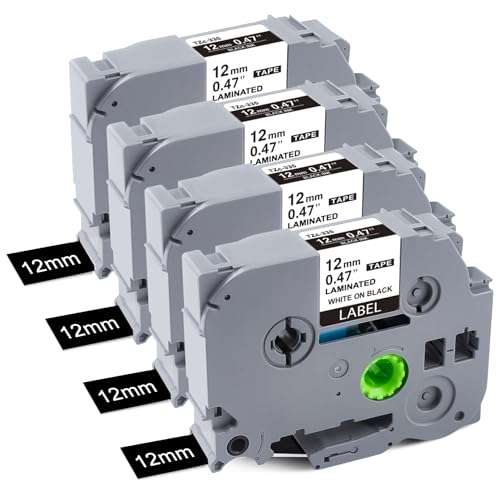 BOYEEZON 4Pack TZe-335 Label Tape Replacement for Brother P Touch TZe-335 Label Tape White on Black TZe TZ Tape 12mm 0.47 Laminated Black Label Maker Tape TZ-355 for Ptouch PTD210 PTD400 PTD410 PTD600 1