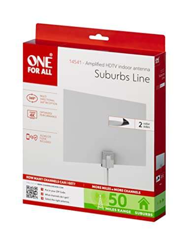 One For All Amplified HDTV Antenna for 1080P 4K Free TV Channels, 50 Miles Long Reception Range, External Signal Booster and 10ft Coax Cable Included, Thin Dual Color Design White/Black, Model 14541 6