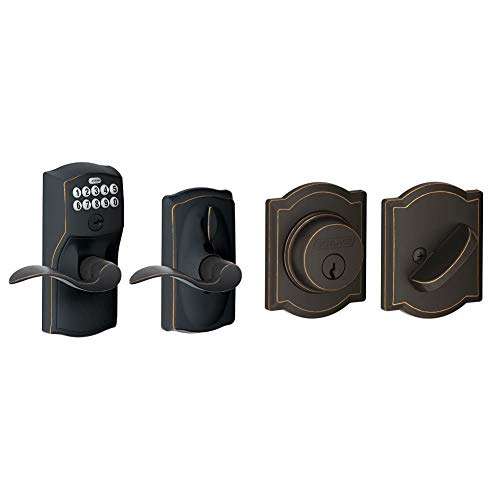 Schlage FE595 CAM 716 Acc Camelot Keypad Entry with Flex-Lock and Accent Levers, Aged Bronze & Lock Company Single Cylinder Deadbolt with Camelot Trim, Aged Bronze (B60 N CAM 716) 1
