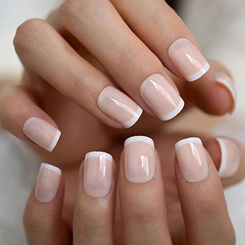 Beige French Nails White Tip Squoval False Nails Short Medium Size Ladies Artificial Manicure Tips for Daily Wear 1