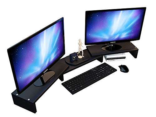 Computer Monitor Stand Riser for 2, Dual, Double, 3, Triple, Multi, Multiple Desktop Monitors with Adjustable Length & Angle, Laptop Corner Stands Lift Organizer, Long Wood Black Shelf Desk Storage 1