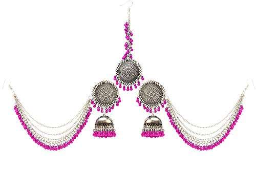 Yellow Chimes German Oxidised Silver Antique Traditional Maang Tikka with Earrings Jewellery Set for Women and Girls (Pink) 1