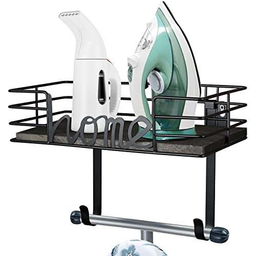 TJ.MOREE Ironing Board Hanger Wall Mount- Laundry Room Decor- Iron and Ironing Board Holder, Laundry Room Organization and Storage with Large Storage Dark Gray Wooden Base Basket and Removable Hooks 1