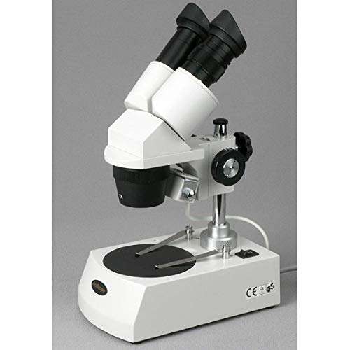 AmScope SE305-P Binocular Stereo Microscope, WF10x Eyepieces, 10X and 30X Magnification, 1X and 3X Objectives, Upper and Lower Halogen Lighting, Reversible Black/White Stage Plate, Pillar Stand, 120V 3