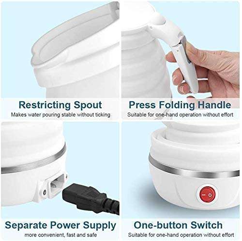 Travel Folding Electric Kettle,Fast Boiling,Beautiful Design Collapsible,Portable Electric Kettle,600ml Boil Dry Protection,100-240V Food Grade Silicone Foldable Kettle (White, Blue) 5
