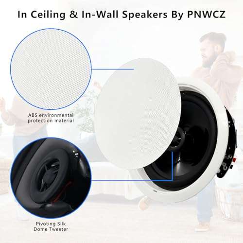 PNWCZ 6.5 Inch Bluetooth Ceiling Speakers 300W 2-Way Flush Mount Plus Wall Mount with in Wall Amplifier Receiver Perfect for Home Theater Office Bathroom(2 Speakers) 2
