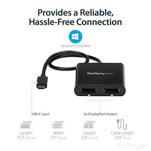 StarTech.com USB-C to Dual DisplayPort 1.2 Adapter, USB Type-C Multi-Monitor MST Hub, Dual 4K 30Hz/1080p 60Hz DP Laptop Display Extender / Splitter, Extra-Long Built-In Cable, Windows (MSTCDP122DP) 5