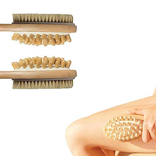 Sacred Salts Wooden Double Sided Body Brush With Massager and Long Handle | Natural Boar Bristles | Dry Brushing Removes Dead Skin, Treats Cellulite & Stimulates Blood Flow, Beige, 190 g 5
