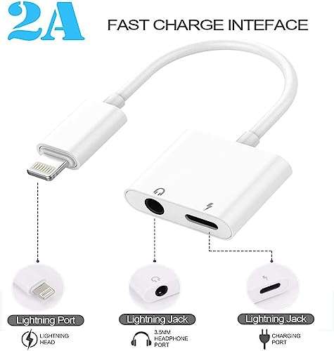 2Pack Lightning to 3.5mm Headphones Jack Adapter,MFi Certified 2 in 1 iPhone Headphone Adapter Dongle Charger Jack Lightning to 3.5mm AUX Cord Splitter Compatible for iPhone 13/12/11/XS/XR/X/8/7 4