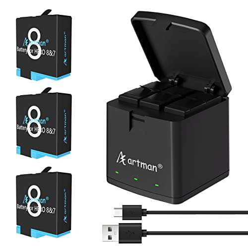 Artman Battery 1500mAh for GoPro Hero 8/7/6/5 Black and 3-Channel LED USB Charger Fully Compatible with GoPro Hero 8 Battery and Charger (3-Pack) 1