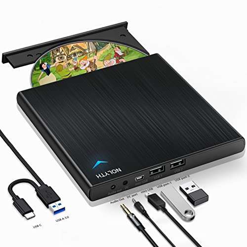 NOLYTH External CD DVD Drive for Laptop: USB CD Burner Plug and Play for Mac MacBook PC Windows - Portable with 1 Audio 2 USB Ports Slim Player Reader for CDs and DVDs